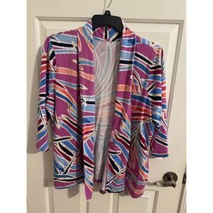Denim & Co Beach Printed Stretch Jersey 3/4 Sleeve Cardigan Pockets Pink Blue XL